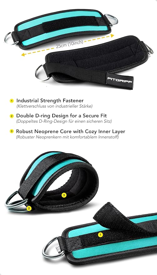 Fitgriff짰 Ankle Straps V1 for Cable Machine (2 Pieces) - Gym Workout Equipment - Leg Pulley Attachment, Kickback Straps