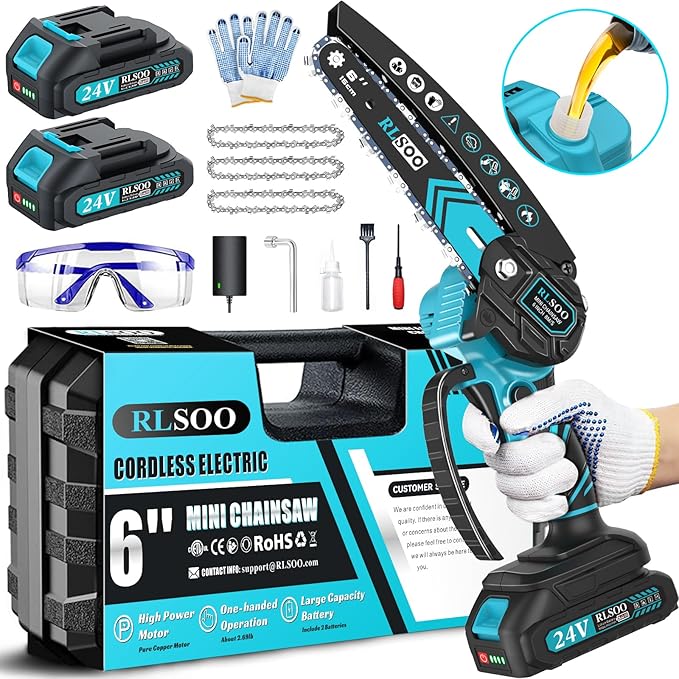 Mini Chainsaw Cordless, 6 Inch Electric Battery Chain Saw craftsman with Auto Oiler & Security Lock, Portable Small Hand Cutter for Branches, Wood Cutting, Yard, Garden Use (2 Batteries, 3 Chains)