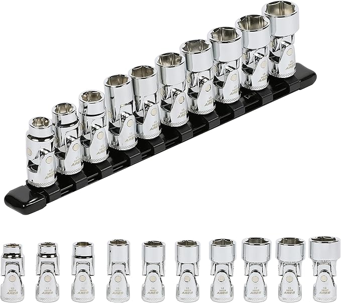 ARES 39015 ??10-Piece 3/8-Inch Drive Metric Universal Flex Socket Set ??6-Point Sockets from 10mm to 19mm - Universal Joint Flex Design For 360 Degree Access ??High Visibility Laser Markings