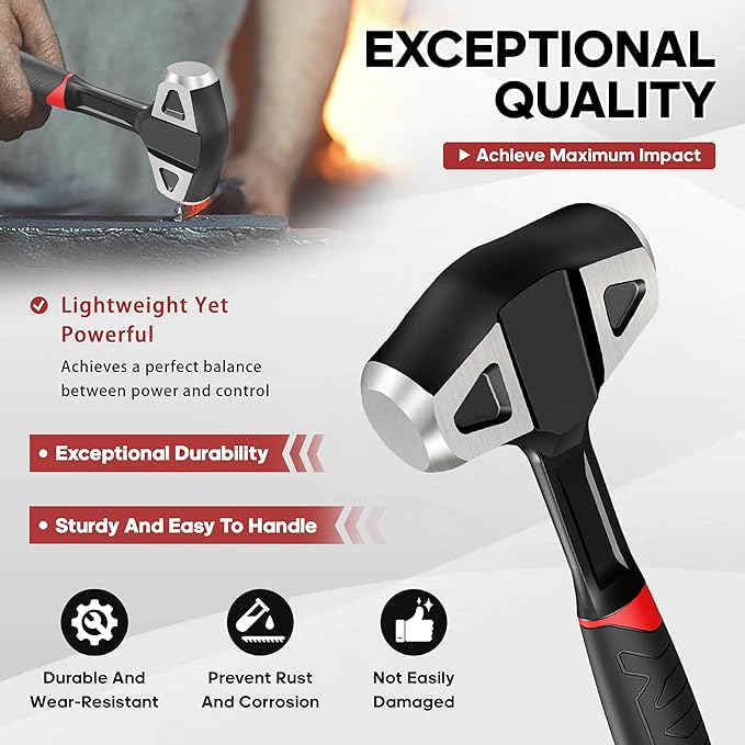 YIYITOOLS 3lb Hard Face Sledge Hammer, Heavy Duty One-Piece Forged Carbon Steel, 3-Pound Strike Drilling/Crack Hammer with Anti-Vibration Rubber Grip for Rock, Demolition & General Construction