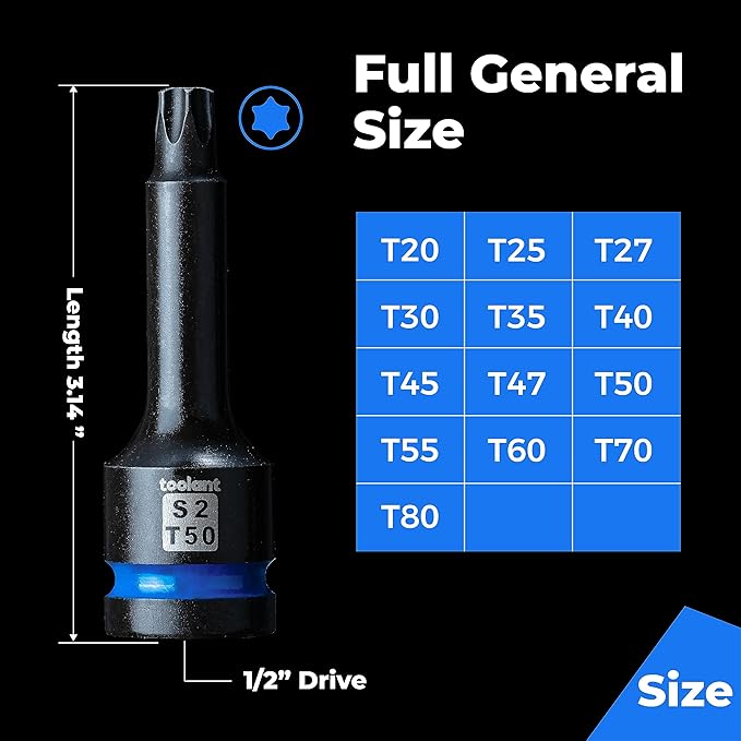 toolant Torx T30 Impact Bit Socket Set 12pcs,1/2" S2 Steel Air Drive Star Sockets, Long High Impact Bits,Professional Mechanic & Automotive Repair Socket Set
