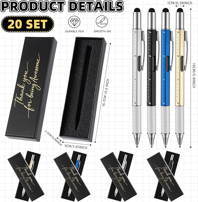 20 Sets Employee Appreciation Gifts for Adult Men Multi Tool Pen with Motivational Quote Boxes Stocking Stuffers Bulk for Father's Christmas White Elephant Gifts (Colorful)