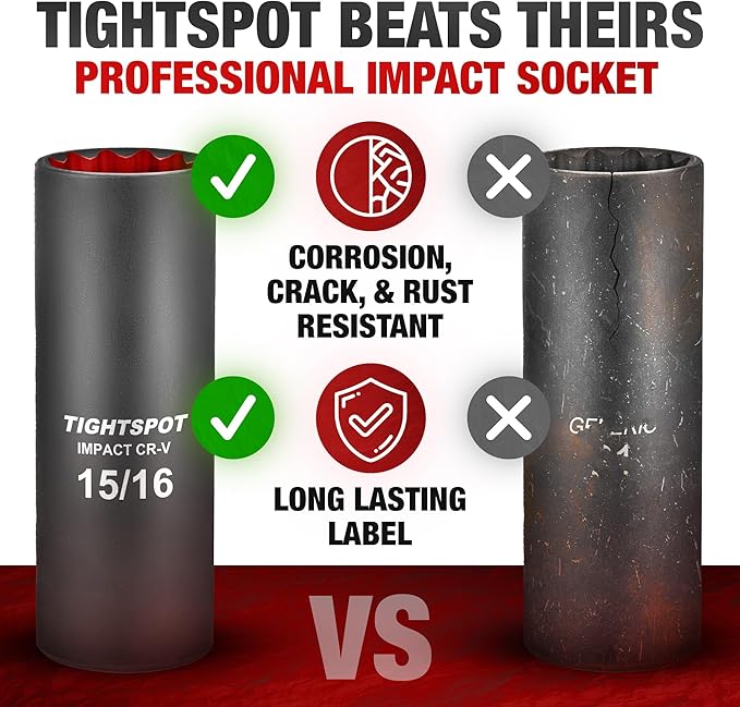 TIGHTSPOT 1/2 Inch Drive - 15/16 Inch Deep Impact Socket with Anti-Rounding 12 Point Design, Heat-Treated CRV Steel