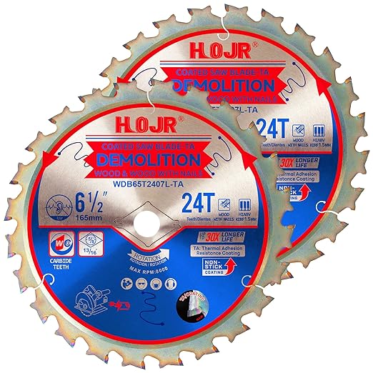 2-Pack 6-1/2" 24 Tooth 5/8" Arbor Woodworking Circular Saw Blade,Framing/Demolition,Special Anti-Thermal Adhesion Coating on Cutting Head -TA, DEM 6-1/2" 24T-TA