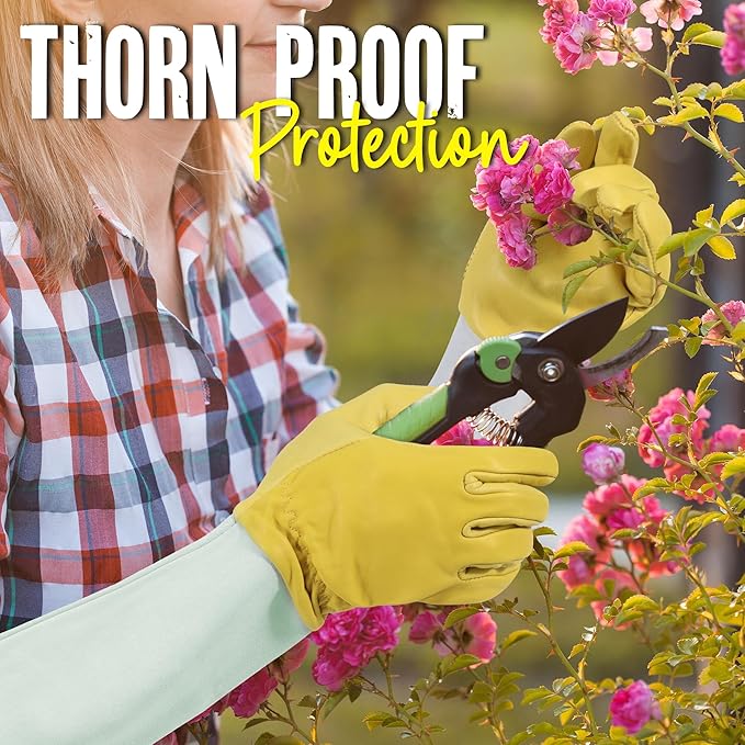 HANDLANDY Rose Gloves for Men & Women, Long Leather Gardening Gloves Thorn Proof, Best Garden Gifts & Tools for Gardener (Yellow-beige, X-Large (Pack of 1))