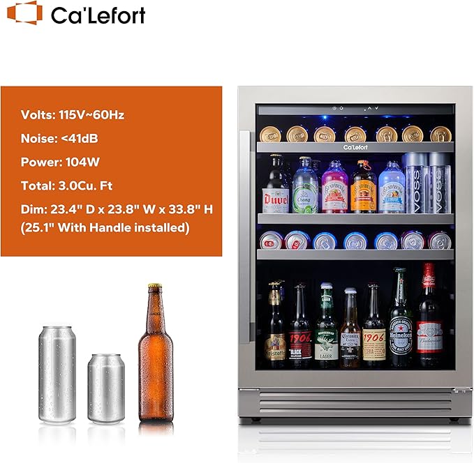 Ca'Lefort 24 Inch Beverage Refrigerator - 180 Can Beverage Fridge with 34째-54째F, Built in or Freestanding Beverage Cooler with Glass Door and 3 LED, Drink Fridge for Home/Kitchen(5.65 cu.ft)