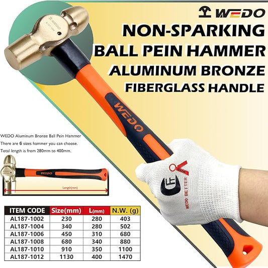 WEDO Ball Peen Hammer 680g,Non-Sparking Ball Pein Hammer with Fiberglass Handle,Aluminum Bronze,Length 340mm