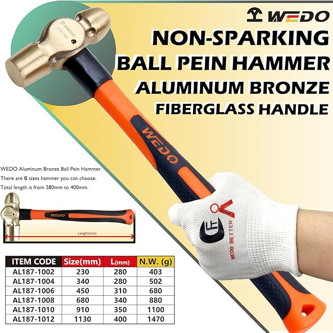 WEDO Non-Sparking Ball Peen Hammer 2 lb Head, Spark-free Safety Ball Pein Hammer, DIN Standard, BAM & FM Certificate, Aluminum Bronze, 14" Length