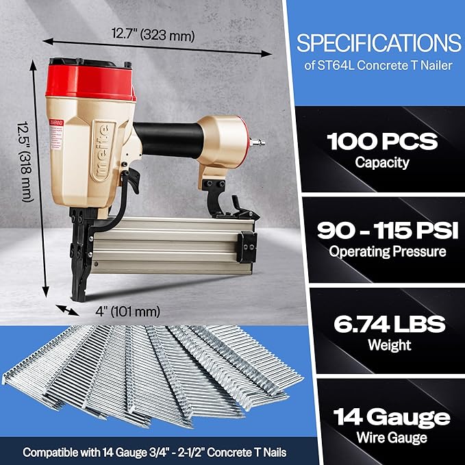 meite ST64L Concrete Nail Gun with 400PCS 14 GA 1-1/2 Inch T Nails, Extended Muzzle Pneumatic Concrete T-Nailer Gun for Wood-to-Concrete Projects, 100PCS Magazine, Accepts 3/4'' to 2-1/2''