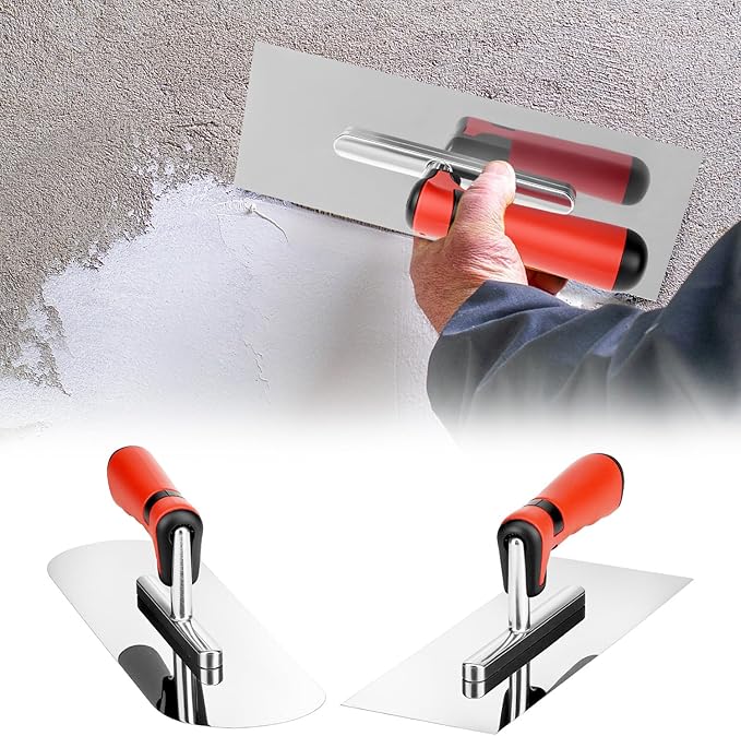 QWORK Concrete Tools Set, Stainless Steel Flat Finishing Trowel (11" x 4") & Pool Trowel (14" x 4") for Concrete, Cement, Drywall Projects