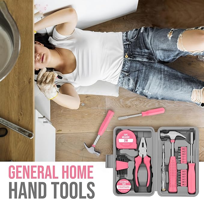 LIRFIX 24Pcs Pink Home Repair Tool Kit for Women - Compact Mini Starter Hardware Set with Hammer, Pliers, Screwdrivers - Portable Household Hand Tools, Ideal Christmas & New Year Gift for Ladies