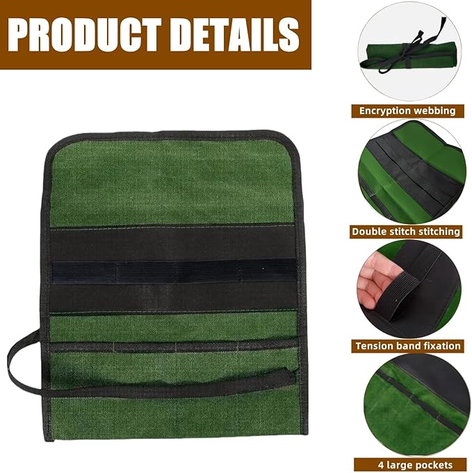 BLIRITEL Small Canvas Tool Roll Up Bag - Chisel Organizer With 4 Pockets for Metal Pry Bar, Plier, Wrench - Pouch for Mechanic, Carpenter, Craftsman