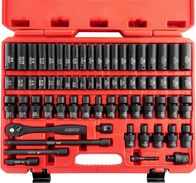 NEIKO 02471A Impact Socket Set, 3/8??Drive, 67 Piece, Metric and Standard Master Socket Set with Shallow & Deep Sockets, Ratchet, Swivel Sockets, Extension Bars, Adapters, Cr-V & Cr-Mo