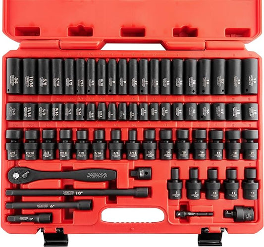 NEIKO 02471A Impact Socket Set, 3/8??Drive, 67 Piece, Metric and Standard Master Socket Set with Shallow & Deep Sockets, Ratchet, Swivel Sockets, Extension Bars, Adapters, Cr-V & Cr-Mo