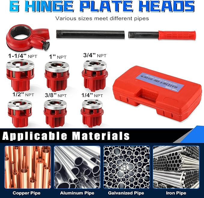 Pipe Threader Ratchet Kit竊?Manual Ratcheting Pipe Threading Tool Set with 6 NPT Dies (1/4" 3/8" 1/2" 3/4" 1" 1-1/4"),Portable Pipe Threading Tool Set for Galvanized Aluminum Iron Copper Pipes