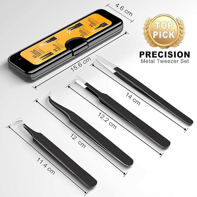 G.CATACC 4-Pack Precision Tweezers Set, Curved and Pointed Tweezer Kit for Craft, Eyelash Extension, Blackheads, Facial Hair, Ingrown Hair Removal, Electronics, Soldering, Jewelry - with Case