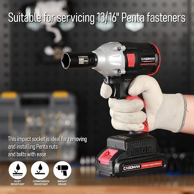 CASOMAN 2PCS 3/8" Drive 13/16" 5-Point Impact Grade Utility Socket, CR-MO, Removes and Installs Penta Nuts and Bolts