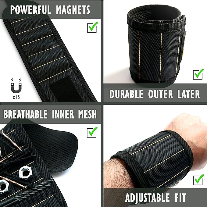 Magnetic Wristband - Tool Holder & Screw Organizer Storage Bracelet for Men & Women - 15 Strong Magnets, Tough 1680D Band, Adjustable Fit - Handyman Gifts for DIY Mechanics, Electricians, Carpenters