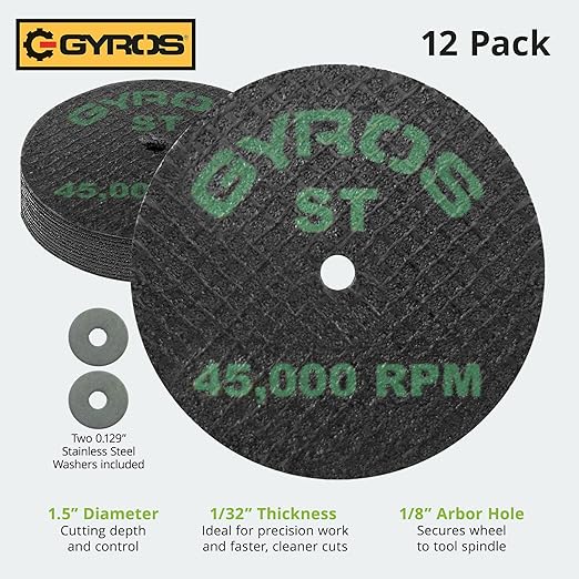 GYROS Cut-Off Wheels for Rotary Tools ??1.5??Super-Tensile Fiberglass Reinforced, 12-Pack | Ideal for Stainless Steel, Titanium, Nickel, Carbon & Chrome Alloys | Made in USA 11-41502/12