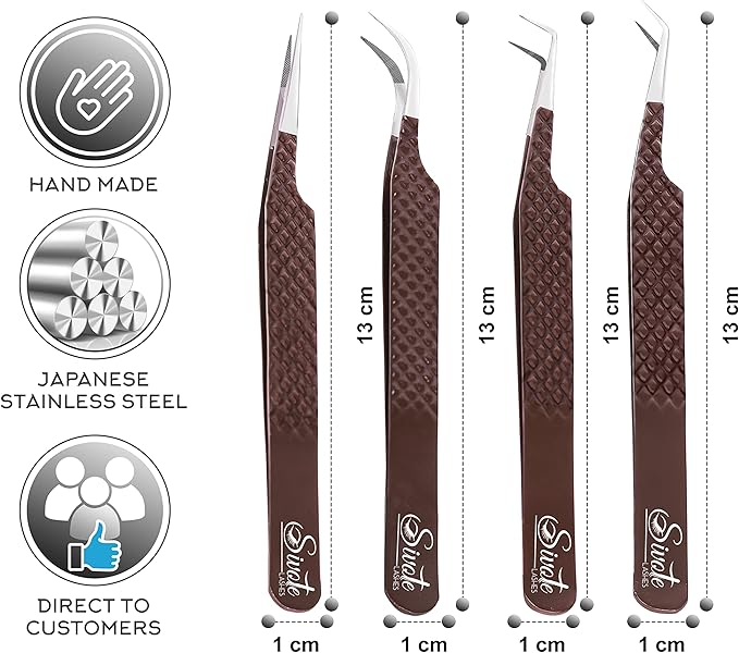 SIVOTE Lash Extension Tweezers Fiber Tips, Set of 4, Curved, Dolphin, 90 Degree & 45 Degree Tweezer, Chocolate