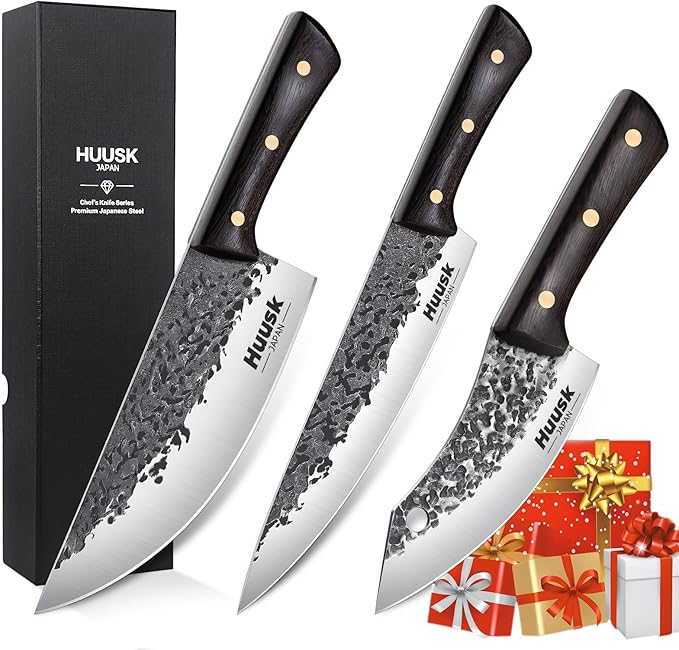 Huusk Hand Forged Chef Knife Set, High Carbon Steel Butcher Knife Set, Japanese Kitchen Knives for Home, Outdoor BBQ Camping Cooking, Christmas Gift Idea Men