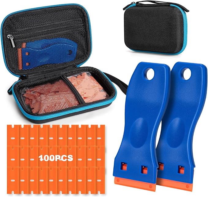 Plastic Razor Blade Scraper with Carry Case, 2 Pack Razor Scraper Set with 100 Pcs Razor Blades, Non Scratches Sticker Remover Tool for Cleaning Gaskets and Paints on Window Car Glass