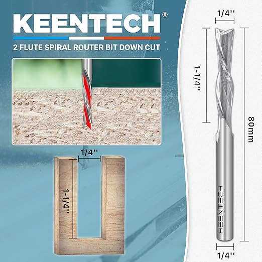 KEENTECH 1/4" Shank Downcut 2 Flute Flat Tip Sprial Router Bit for CNC Router Machine, 1/4" Cutting Diameter, 1-1/4" Cutting Depth, for Wood Cutting, Custom Furniture, Slot Mortise, Engraving, Carving