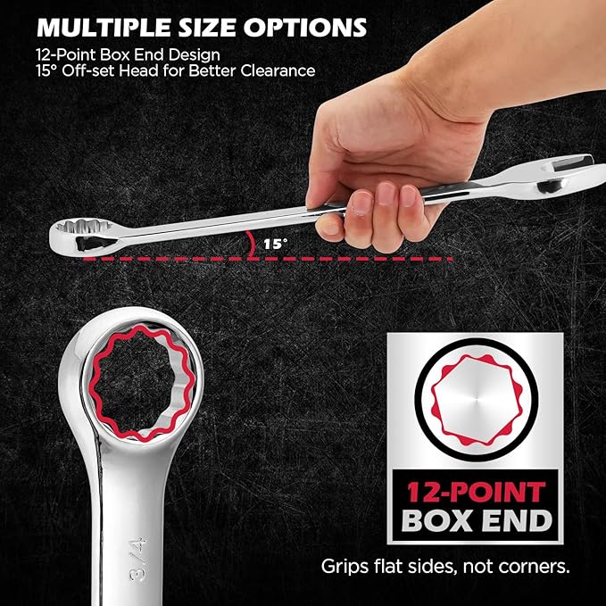 15-Piece SAE Combination Wrench Set, 1/4''??'' 12-Point Open End and Box End Wrench Kit with Organizer, Chrome Vanadium Steel Tools for Mechanics, Garages and Workshops