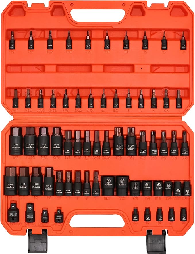 HORUSDY 66-Piece Allen Socket Set, Torx Bit & Female External Star Sockets | Durable S2 Steel SAE & Metric Kit for Automotive, Motorcycle & Home Repair | T8-T70, E4-E24 with 4 Impact Adapters