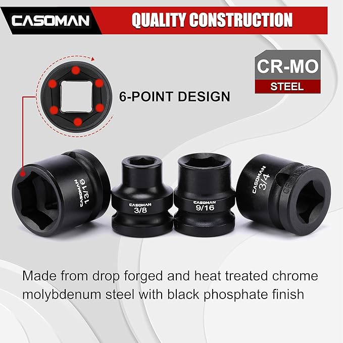 CASOMAN 11PCS 1/2" Drive Stubby Impact Socket Set, Low Profile, 3/8" - 1", SAE, CR-MO, 6-Point, 11 Pieces Shallow Socket Set for Automotive Maintenance, Repairs and DIY, for Tight Areas