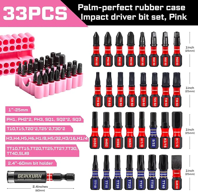 Impact Screwdriver Bits Set, 33 Pieces 1?쒶ulti Head Magnetic S2 Steel Driver Bits PH/SQ/Torx/Slotted/Hex/Security Torx With Pink Soft Base