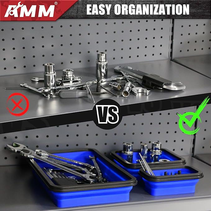 AMM Foldable Magnetic Parts Tray Set, 3 Different Size Magnetic Tool Trays for Bolts Screws Nuts & Small Metal Parts, Mechanic Tool Present for Men竊똁lue
