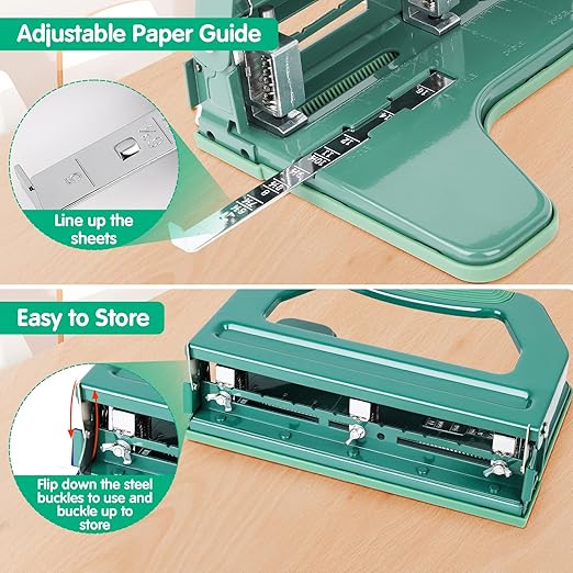 AFMAT 3 Hole Punch Heavy Duty, 9/32" Holes, 50-Sheet Hole Puncher 3 Ring, 50% Reduced Effort, Adjustable Two & Three Hole Punch, Metal Paper Puncher w/Large Chip Tray, Metal Paper Guide, Green, HP18