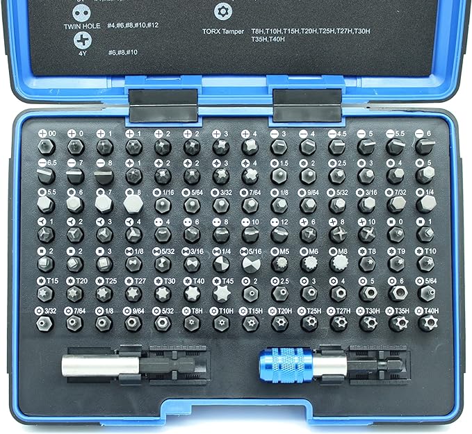 100 Piece Impact Ready Security Bits Screwdriver Set Kit with 2 Quick Chucks and Phillips, Torx, Slotted Flat, Pozi, Hex, Tri-Wing Pozi Clutch, Spline, Square, Spanner, TORQ-Set, Torx Tamper Bits