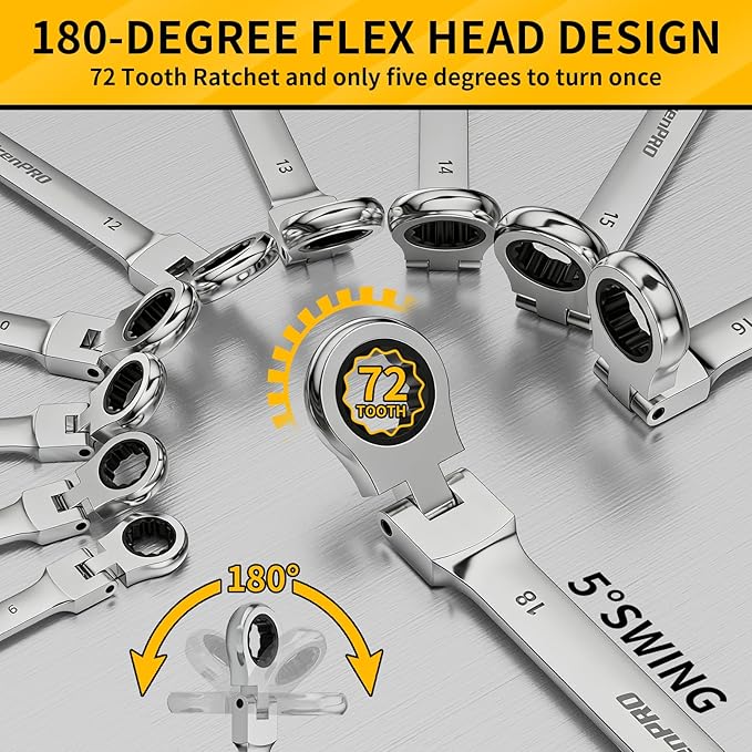 GRENPRO 23PCS Flex-Head Ratcheting Wrench Set, Combination Ratchet Wrenches Set Metric and Standard & SAE with Organizer Box, 6-18mm & 1/4" to 3/4" with Color Ring, CRV Socket Mechanic Tools Sets