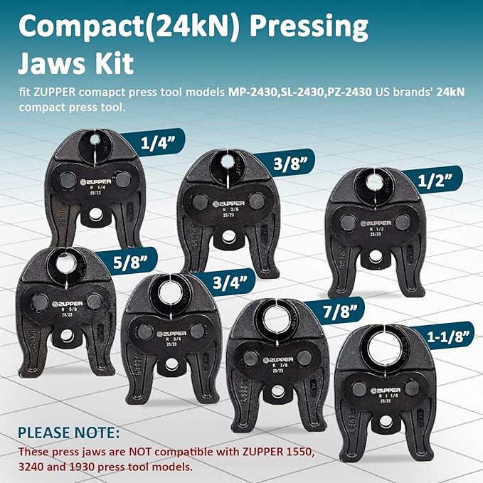 ZUPPER 7PCS Compact Press Jaws Kit 1/4" to 1 1/8" for RLS ACR Copper Pipes Compatible with Compact Pro Press Tool (24 kN/5,400 lbs) Suitable for HVAC/R, Refrigeration Pressing Tools