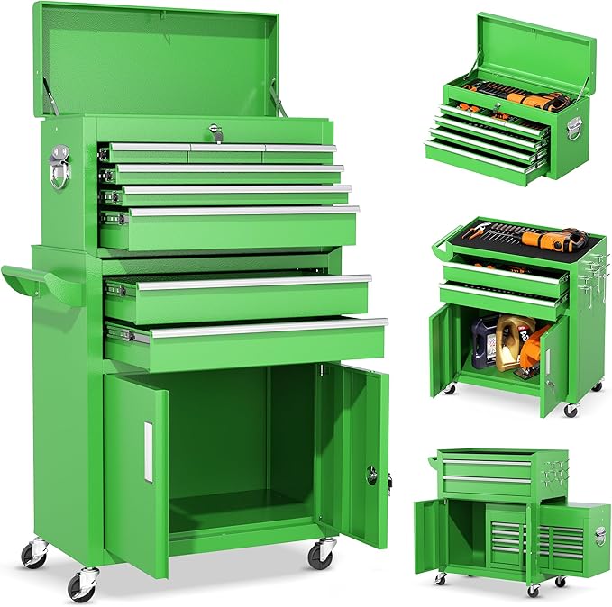 INTERGREAT Tool Chest, 8 Drawer Rolling Tool Chest with Drawers, Detachable Top Tool Box, and Locking Mechanism, Metal Tool Cart with Liner and 6 Hooks for Garage, Workshop, Green