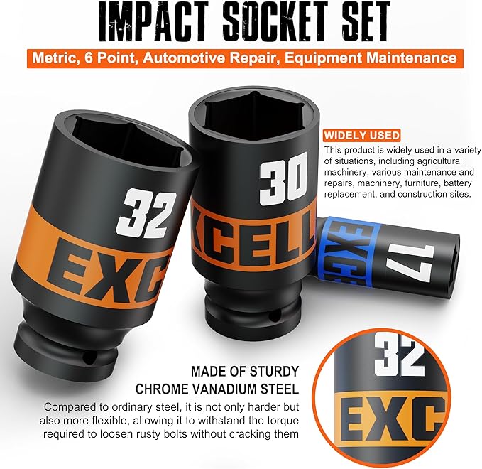 16 Piece 1/2-Inch Drive Impact Socket Set, 10-32mm Deep Sockets, 6 Point Metric Sockets for Automotive Repair, Equipment Maintenance