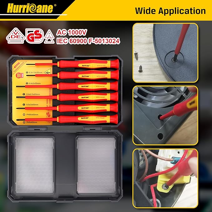 HURRICANE 1000V Insulated Screwdriver Set, 6 Piece Precision Electrician Screwdriver Set with Magnetic Tips for Electrical Repairs (Slotted 1.8/2.0/2.5/3.0mm, Phillips PH00/PH0) with Storage Case