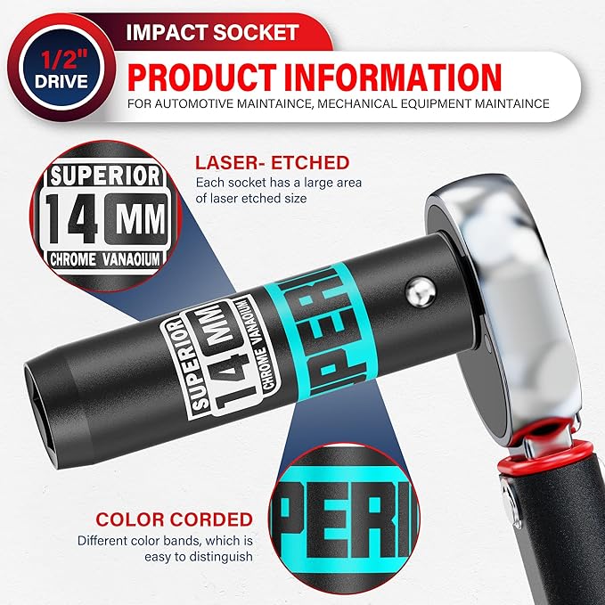 1/2" Drive Impact Socket, 14 mm Deep Socket, Metric, 6 Point, CR-V, for Automotive Maintaince, Mechanical Equipment Maintaince