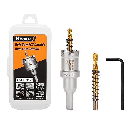 Hole Saw 1" (25.5mm) Heavy Duty Carbide with 2 Pilot Drill Bits - Metal Hole Cutter Cuts Stainless Steel, Iron, Copper, Brass, Plastic