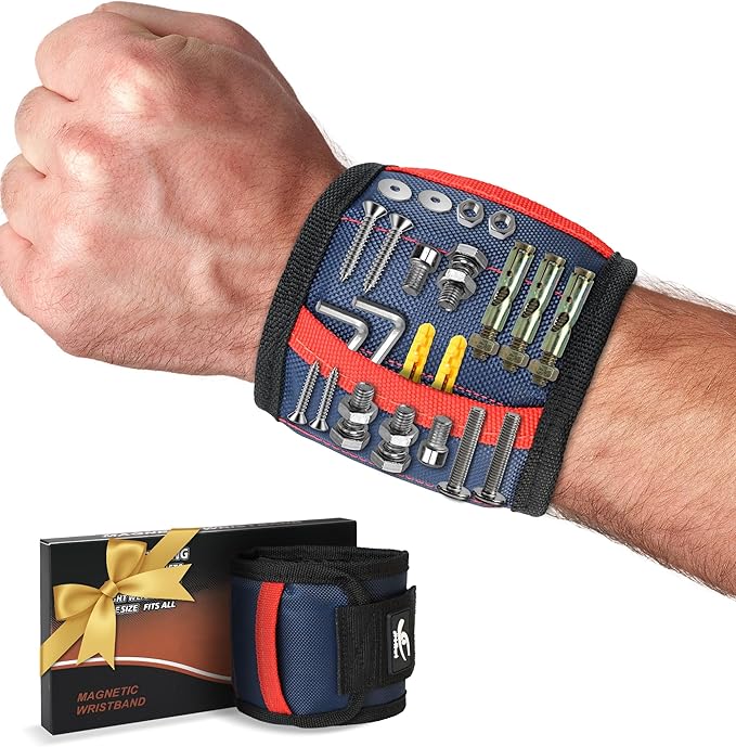 HiRui Magnetic Wristband for Tools ??Ultra-Strong 15 Neodymium Magnets Hold Screws, Nails & Bits, Dual Pockets ??Hands?멑ree for DIY, Home Repairs, Auto ??Gift?멢eady for Dad, Husband, Grandpa (Blue)