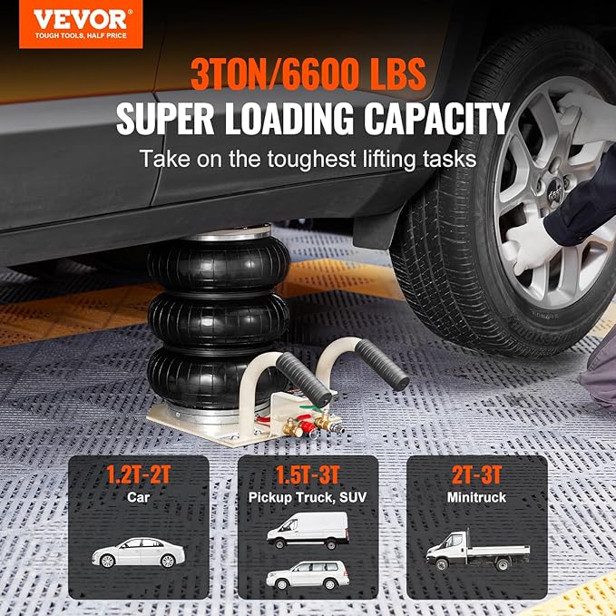 VEVOR Air Jack, 3 Ton/6600 lbs Triple Bag Air Jack, Airbag Jack with Six Steel Pipes, Lift up to 17.7 inch/450 mm, 3-5 s Fast Lifting Pneumatic Jack, with Short Handles for Car Repair