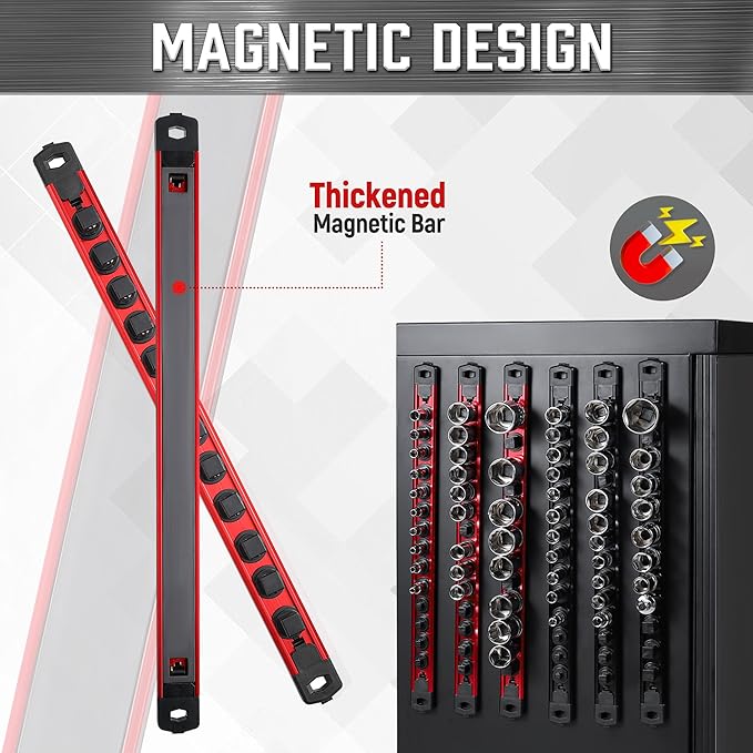 ALOANES 3-Piece Magnetic Socket Organizer, Heavy Duty Aluminum Socket Rails Organizer, 360째 Swivel Clips Socket Rail Set For Sockets Storage, 1/4-Inch Socket Holder x 42 Clips (Red)