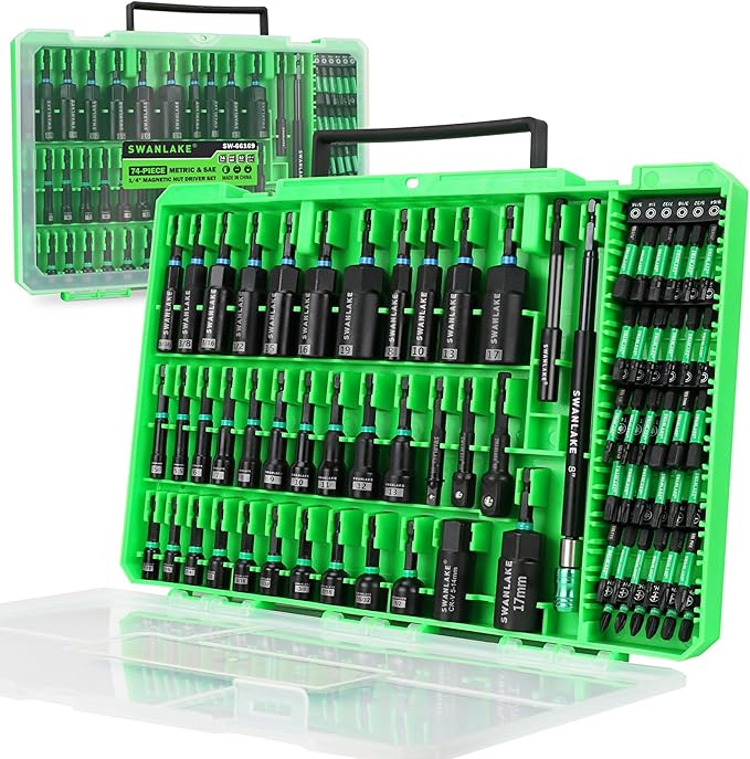 74-Piece Magnetic Nut Driver Set for Impact Drill Metric & SAE, Impact Socket Adapter, Power Bits with Magnetic Holder, Wing Nut Driver, Universal Socket, 1/4'' Quick-change Bit Extension