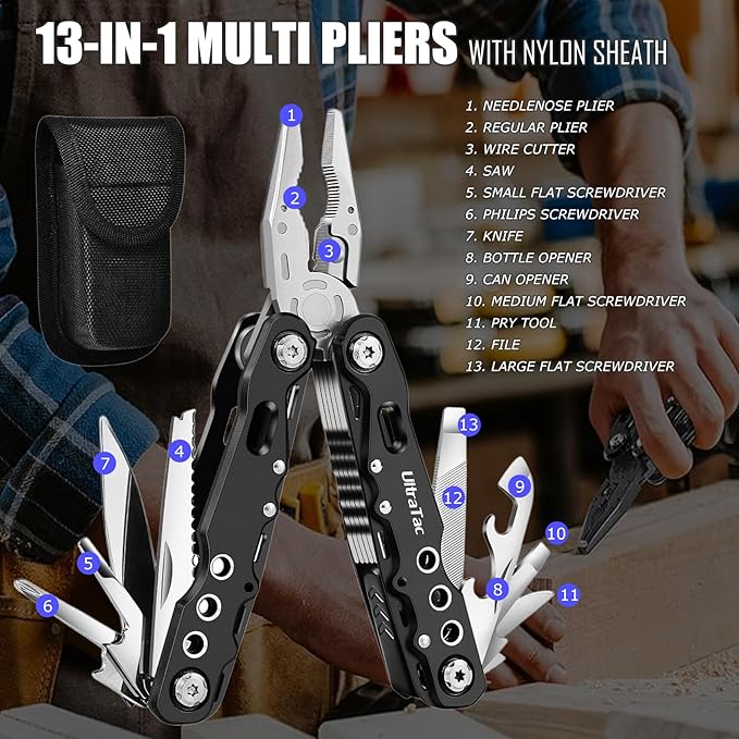 UltraTac Military Grade Multitool Gift Set for Men, Compact Survival Kit for Car Emergency, New Year or Birthday Gift for Man, Pocket EDC Tools for Camping, Hiking & Quick Fixes - Stainless Steel