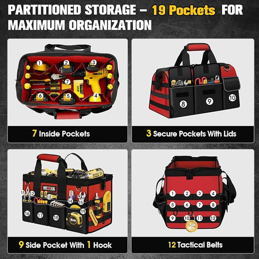 16-Inch Heavy Duty Tool Bag, 19-Pockets Tool Box Organizer, Portable Toolbag W/Soft Handle for Organized Storage, Mechanic Gifts for Him Men Husband Valentines Day, Wide Mouth Electrician Toolbox, Red