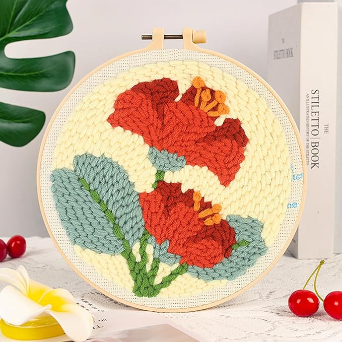 Woohome Punch Needle Kit Included Plastic Hoops, Punch Needle Cloth, Color Yarn and Punch Needle Tools for Adults, Beginners (Sunflowers, Butterflies and Flowers)