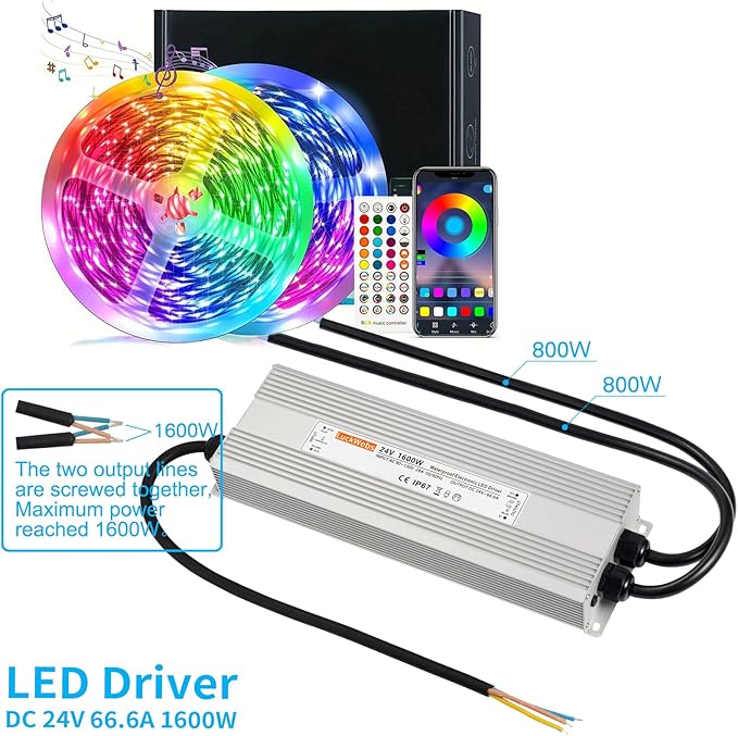 LED Driver 24V1600W Waterproof Power Supply AC 90-130V to DC 24V66.6A Low-Voltage Transformer IP67 Switching Power Supply Suitable for High-Power LED Lighting and Any 24V DC Equipment