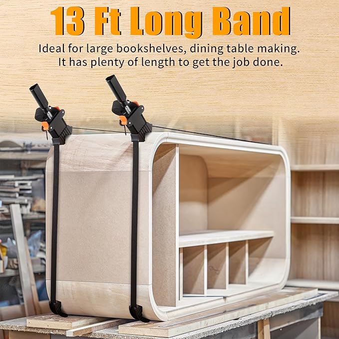 Feekoon 2 Packs 13 FT Belt Band Strap Clamps for Woodworking, Quick Release Band Clamps with 4 Corner Claws, Thick and Sturdy Belt Clamp, Adjustable Picture Frame Clamp Tool